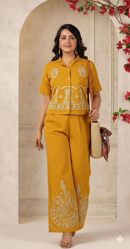 Designer Cotton Co-ord Set Shirt With Elegant Thread Embroidery Paired Flared Plazoo With Embroidery & Pockets (SWSK17)
