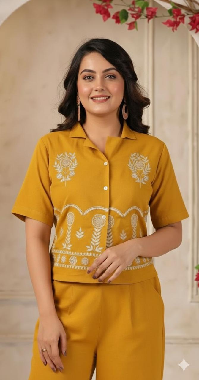 Designer Cotton Co-ord Set Shirt With Elegant Thread Embroidery Paired Flared Plazoo With Embroidery & Pockets (SWSK17)