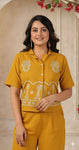 Designer Cotton Co-ord Set Shirt With Elegant Thread Embroidery Paired Flared Plazoo With Embroidery & Pockets (SWSK17)