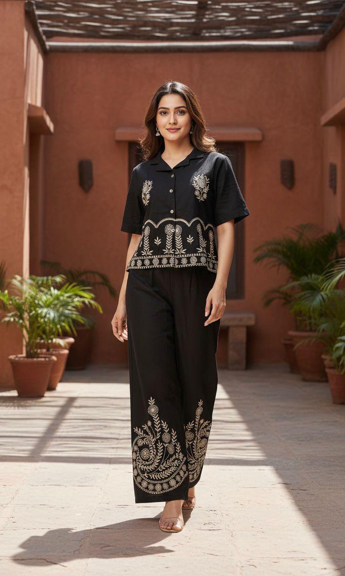 Designer Cotton Co-ord Set Shirt With Elegant Thread Embroidery Paired Flared Plazoo With Embroidery & Pockets (SWSK17)
