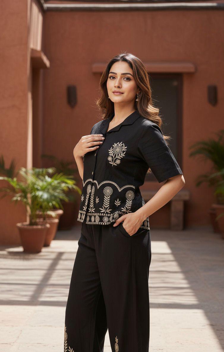 Designer Cotton Co-ord Set Shirt With Elegant Thread Embroidery Paired Flared Plazoo With Embroidery & Pockets (SWSK17)