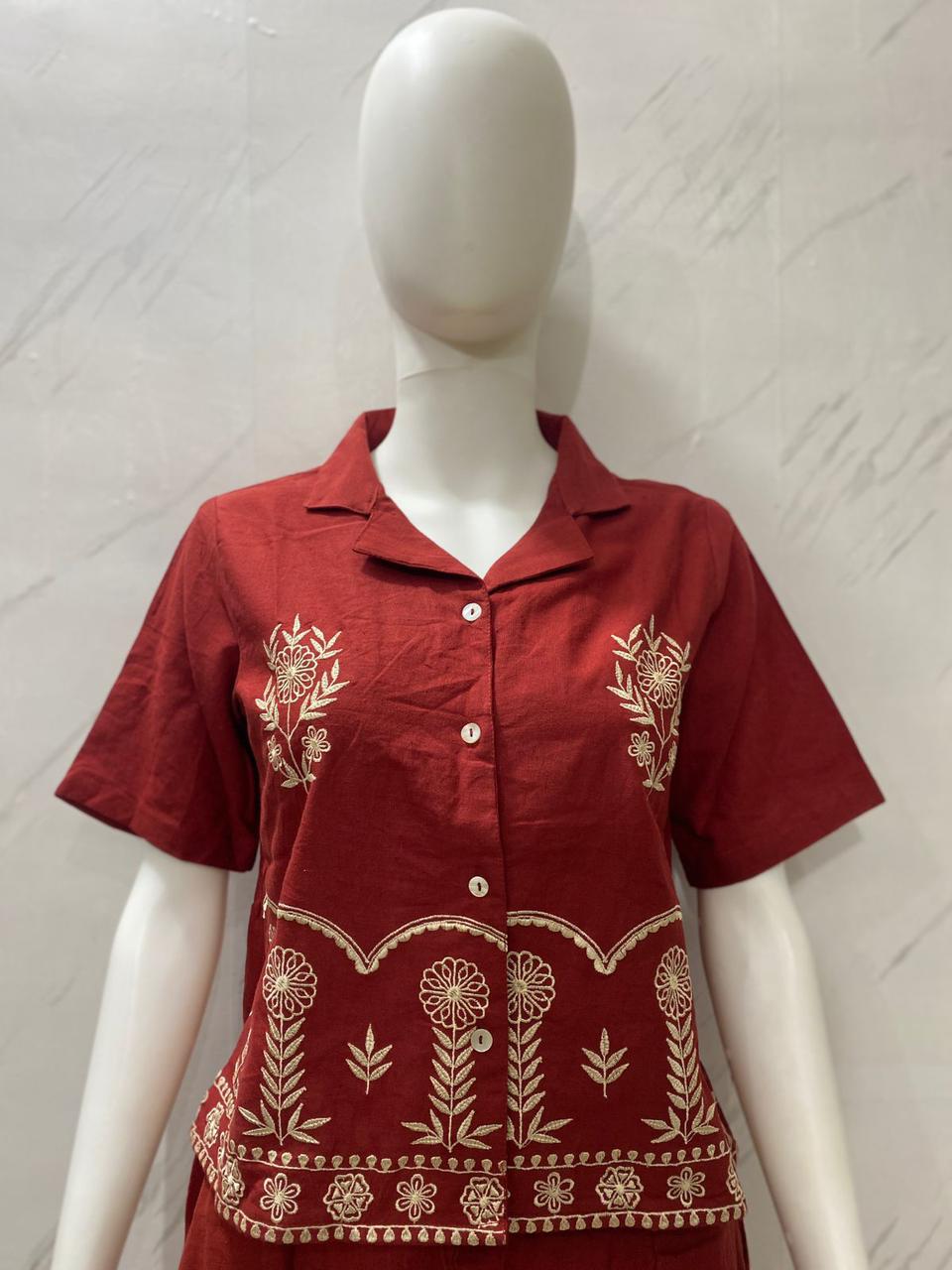 Designer Cotton Co-ord Set Shirt With Elegant Thread Embroidery Paired Flared Plazoo With Embroidery & Pockets (SWSK17)