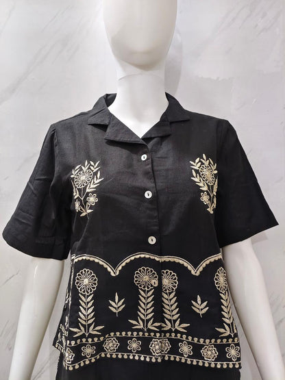 Designer Cotton Co-ord Set Shirt With Elegant Thread Embroidery Paired Flared Plazoo With Embroidery & Pockets (SWSK17)