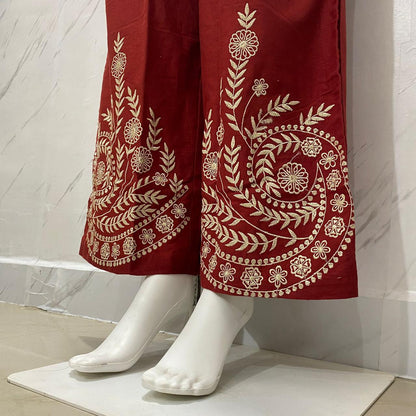 Designer Cotton Co-ord Set Shirt With Elegant Thread Embroidery Paired Flared Plazoo With Embroidery & Pockets (SWSK17)