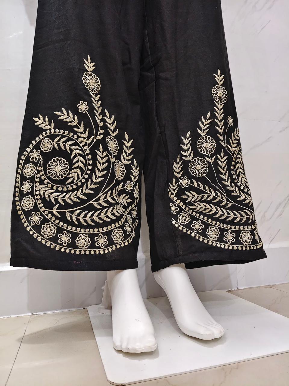 Designer Cotton Co-ord Set Shirt With Elegant Thread Embroidery Paired Flared Plazoo With Embroidery & Pockets (SWSK17)