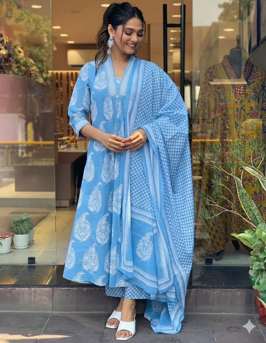 New stylish and affordable beautiful look a-line cut set with beautiful print and fabric pure Cotton💃💃 (SWSK18)