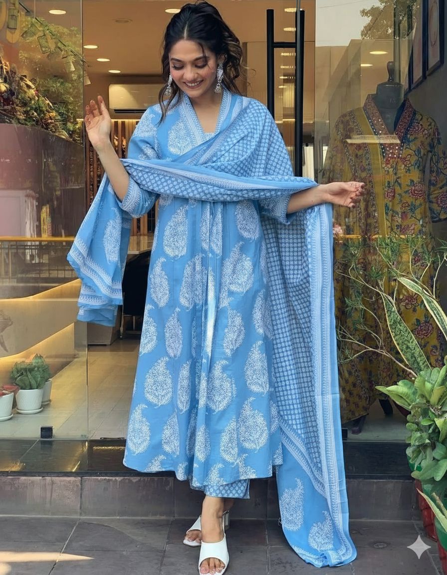 New stylish and affordable beautiful look a-line cut set with beautiful print and fabric pure Cotton💃💃 (SWSK18)