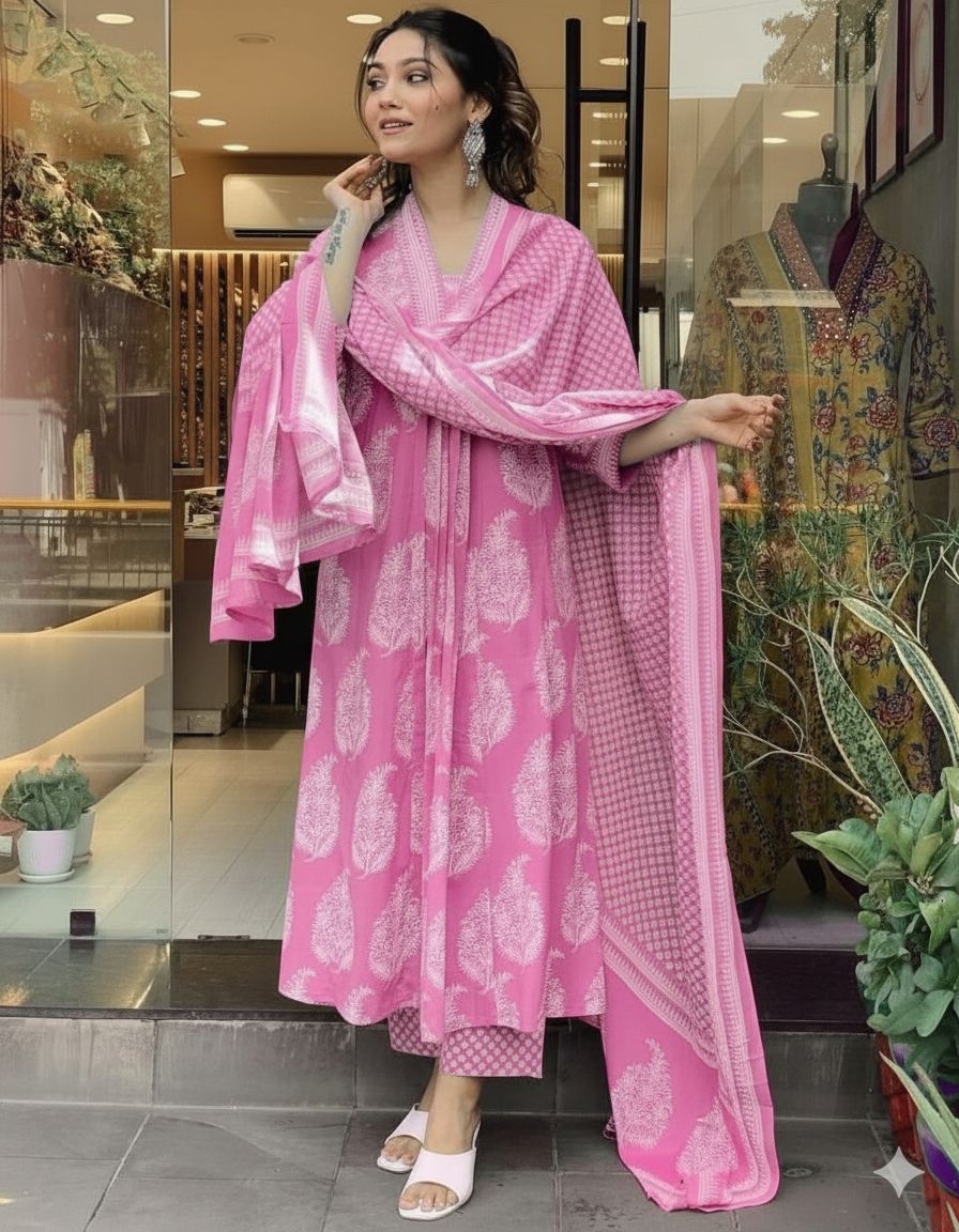 New stylish and affordable beautiful look a-line cut set with beautiful print and fabric pure Cotton💃💃 (SWSK18)