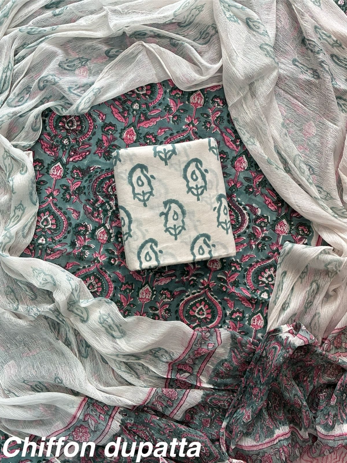 New Premium Hand Block Print Cotton Suit Set with Chiffon Dupatta(WACFCOTMU22)