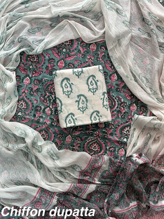 New Premium Hand Block Print Cotton Suit Set with Chiffon Dupatta(WACFCOTMU22)