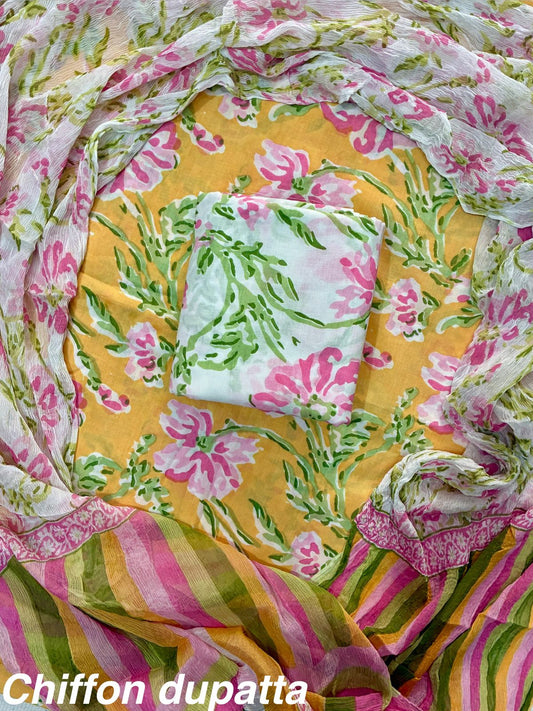 New Premium Hand Block Print Cotton Suit Set with Chiffon Dupatta(WACFCOTMU20)