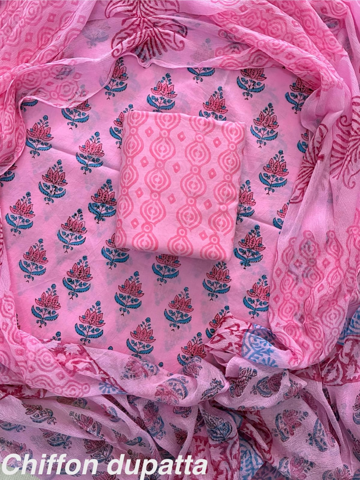 New Premium Hand Block Print Cotton Suit Set with Chiffon Dupatta(WACFCOTMU15)