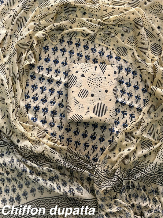 JAAL HAND BLOCK PRINT COTTON SUIT SET WITH CHIFFON DUPATTA(WACFCOTMU07)