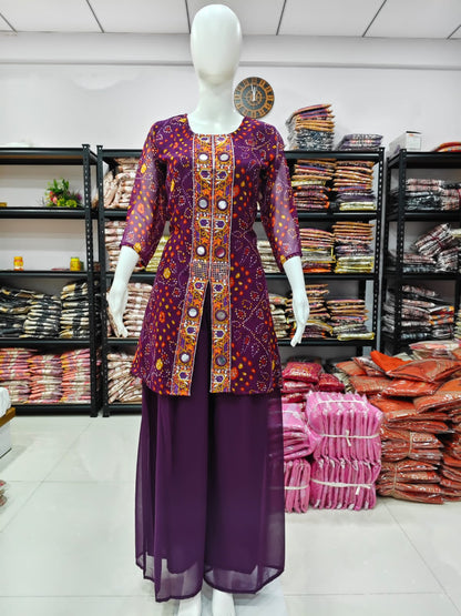 A Rich Purple And Pink Bandhani Printed Plazo set Featuring An Embroidered Front Panel, Flowy Matching Bottoms and A Sheer Dupatta For An Elegant Ethnic Look. (NFRD01)