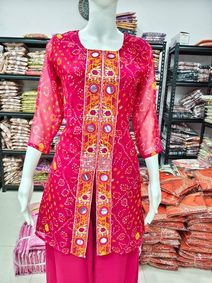 A Rich Purple And Pink Bandhani Printed Plazo set Featuring An Embroidered Front Panel, Flowy Matching Bottoms and A Sheer Dupatta For An Elegant Ethnic Look. (NFRD01)