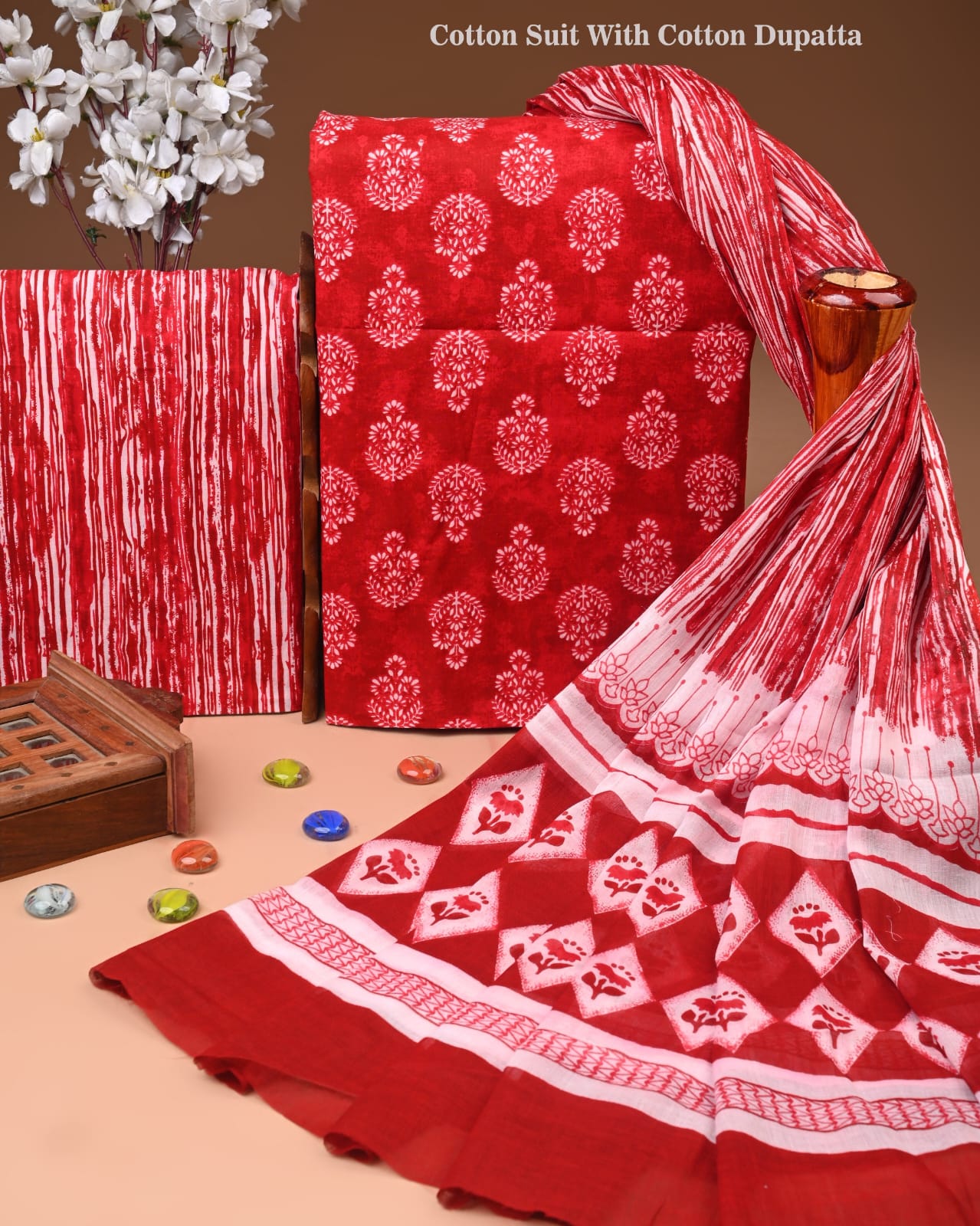 Designer Hand Block Print Cotton Suit Set with Mulmul Dupatta(WACOTMU116)