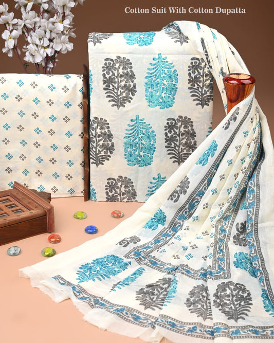 Designer Hand Block Print Cotton Suit Set with Mulmul Dupatta(WACOTMU114)