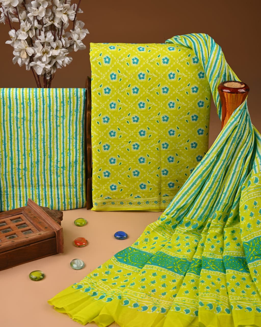 Designer Hand Block Print Cotton Suit Set with Mulmul Dupatta(WACOTMU117)