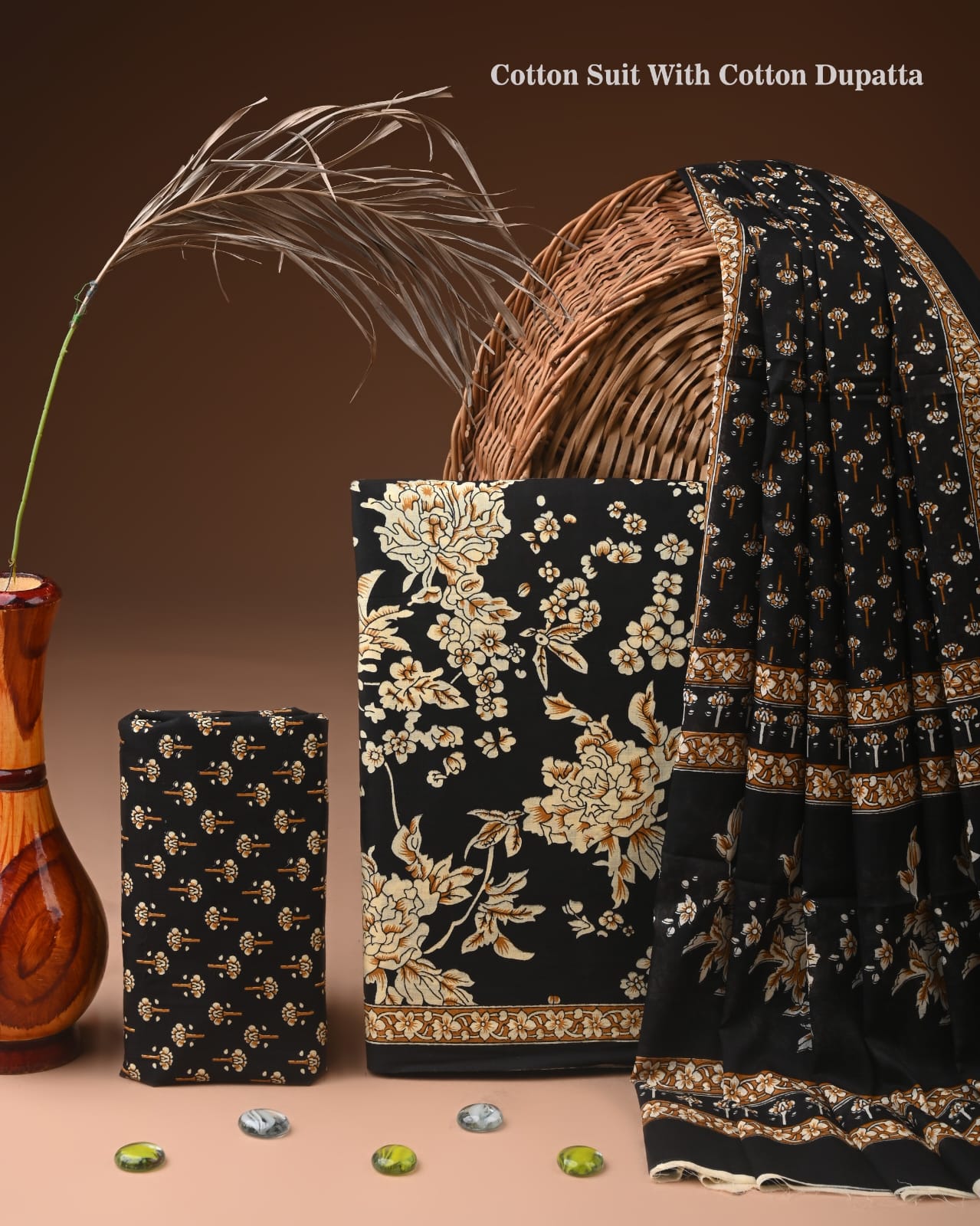 Designer Hand Block Print Cotton Suit Set with Mulmul Dupatta(WACOTMU122)