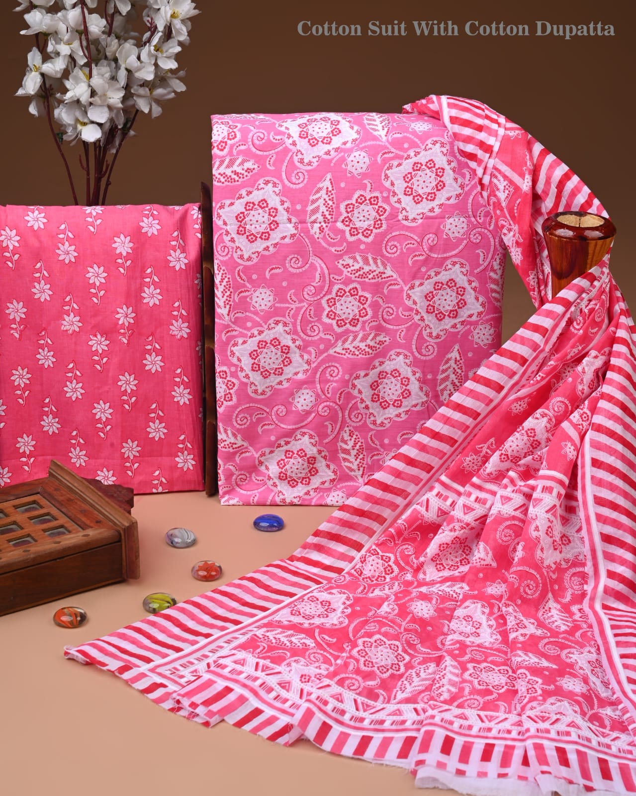 Designer Hand Block Print Cotton Suit Set with Mulmul Dupatta(WACOTMU126)