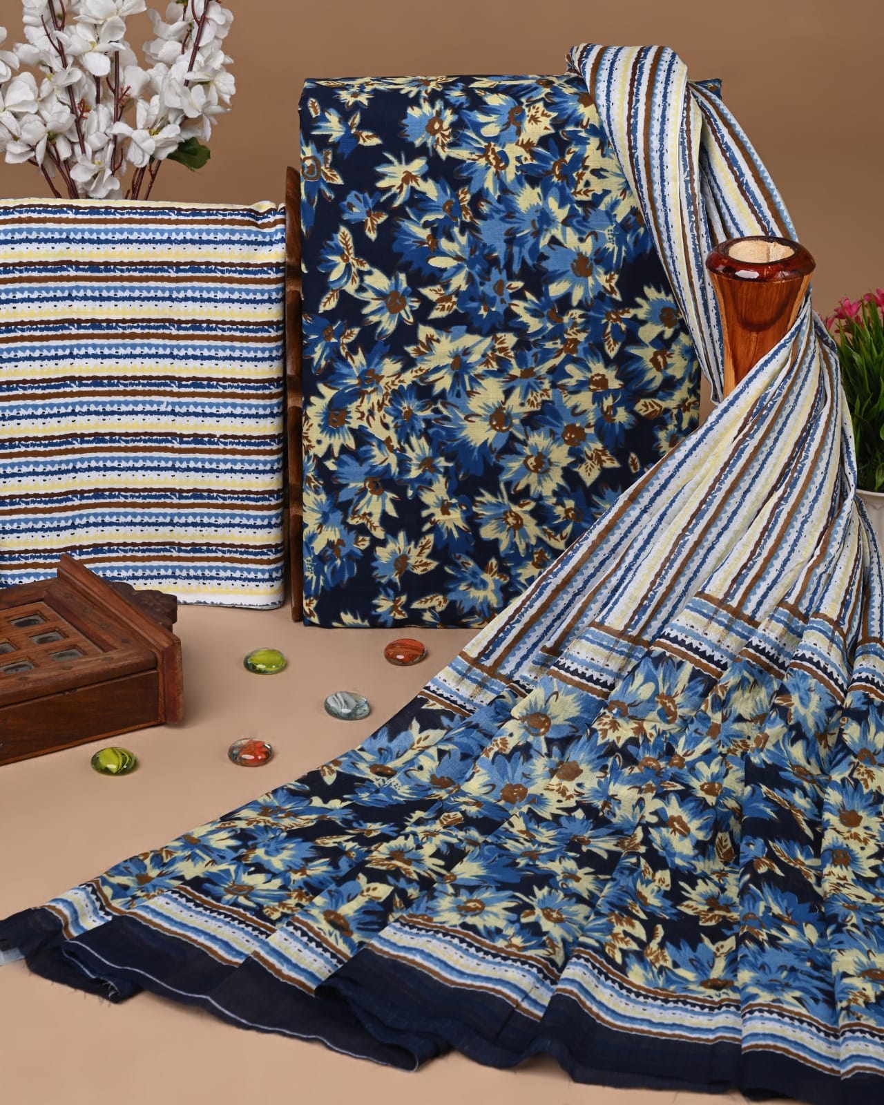 Designer Hand Block Print Cotton Suit Set with Mulmul Dupatta(WACOTMU129)