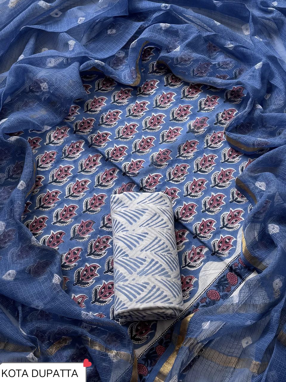 Premium Hand Block Print Cotton Suit Set with Kota Doria Dupatta(WAKOTMU01)