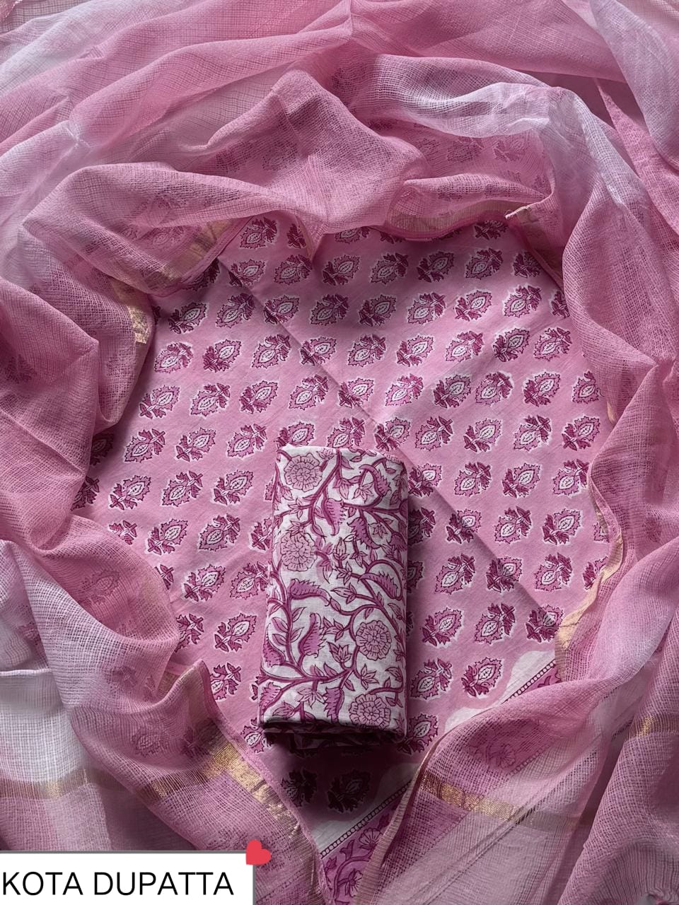 Suits Wala Hand Block Print Cotton Suit Set with Kota Doria Dupatta(WAKOTMU03)