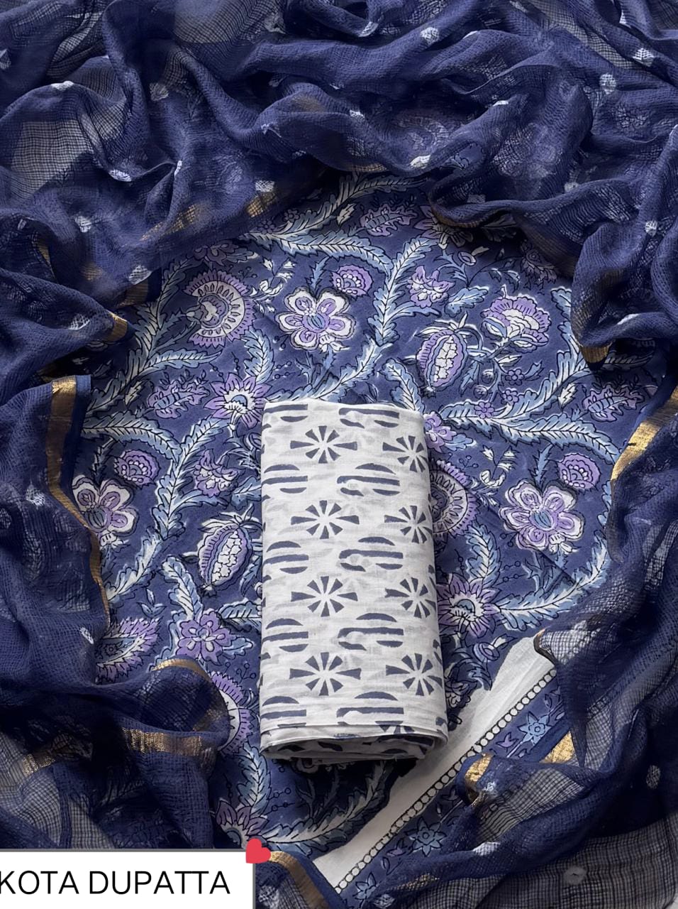 Copy of Premium Hand Block Print Cotton Suit Set with Kota Doria Dupatta WAKOTMU38