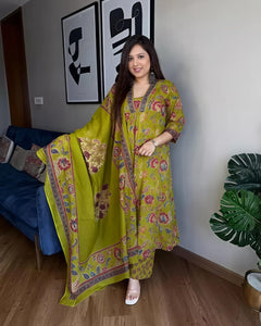 Stylish Olive Green Floral Kurta & Dupatta Set for Festive and Daily Wear(SWSK37)