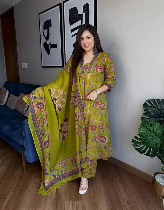 Stylish Olive Green Floral Kurta & Dupatta Set for Festive and Daily Wear(SWSK37)