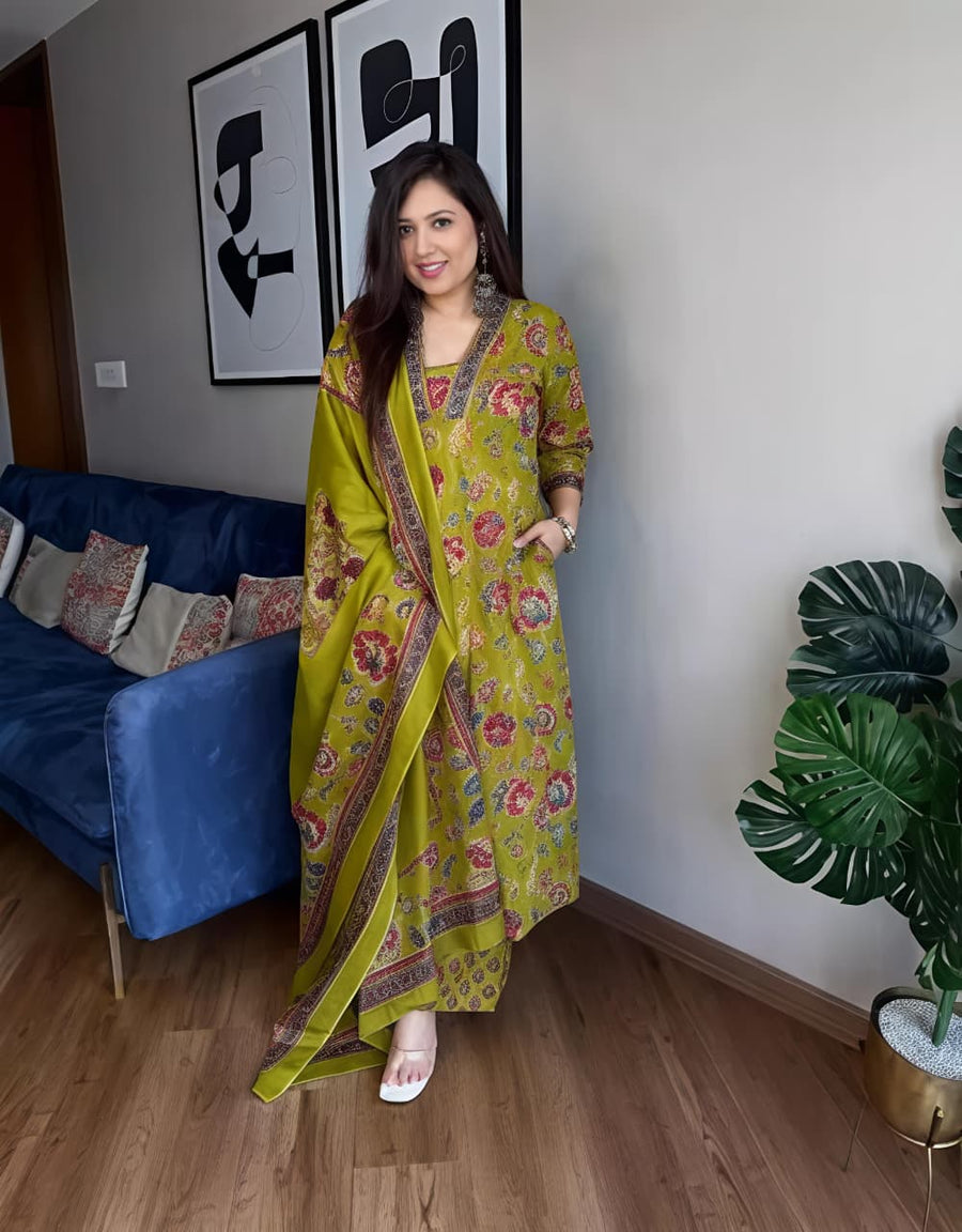Stylish Olive Green Floral Kurta & Dupatta Set for Festive and Daily Wear(SWSK37)