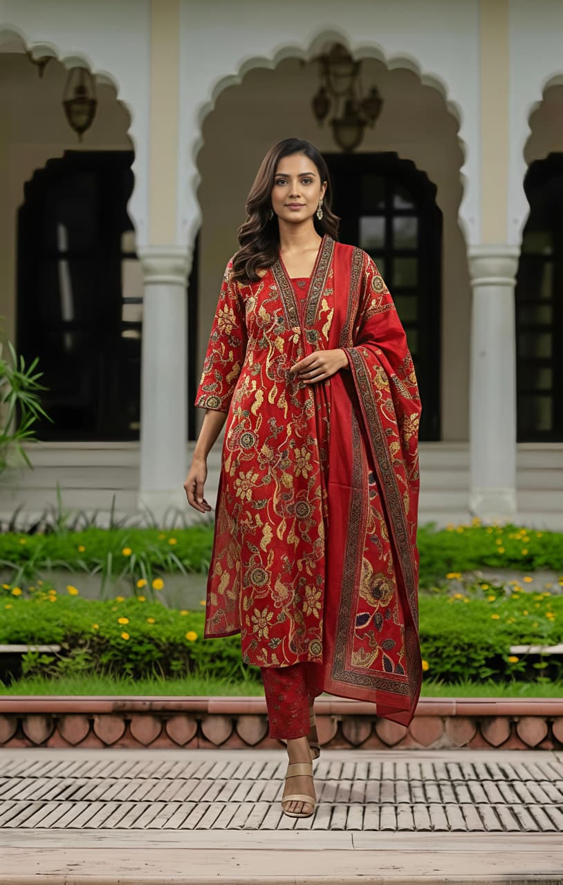 Stylish Olive Green Floral Kurta & Dupatta Set for Festive and Daily Wear(SWSK37)