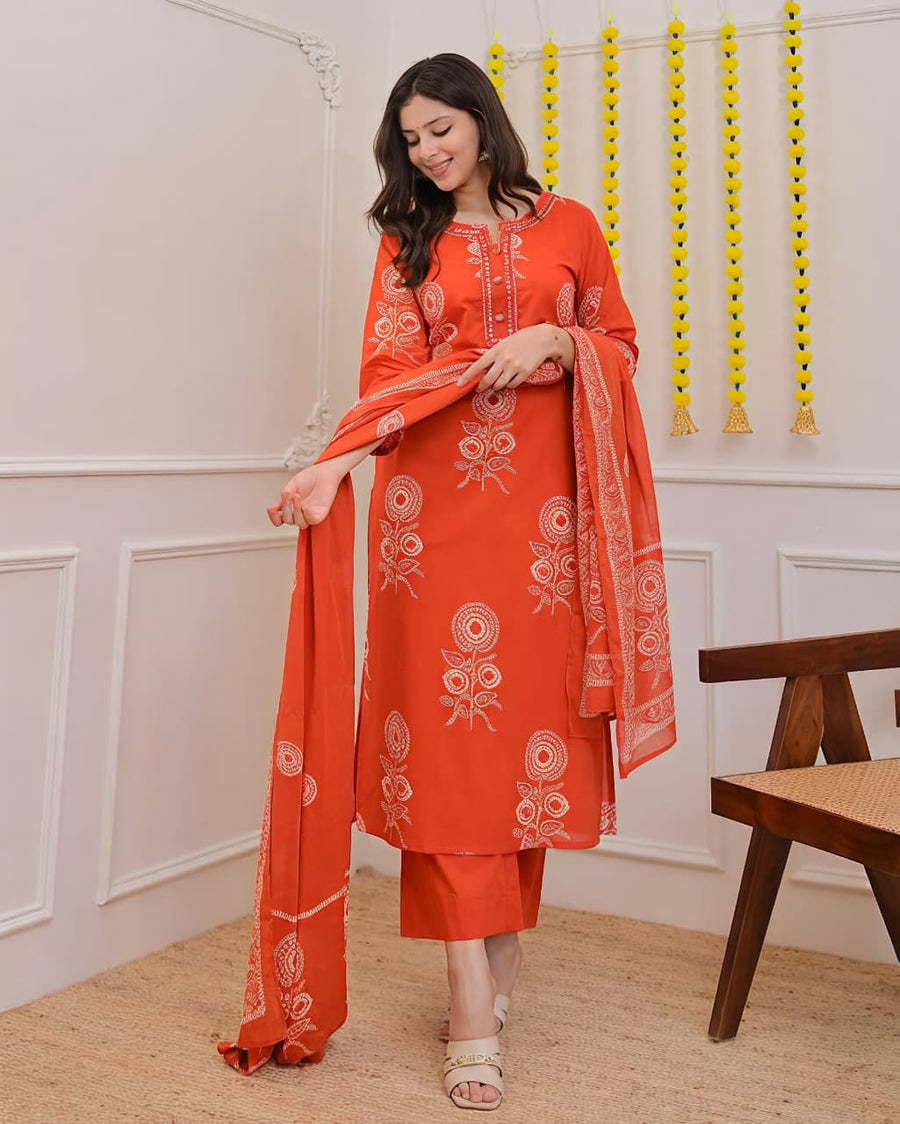 Pure Cotton discharge print kurti with pant and mulmul printed dupatta(SWSK53)