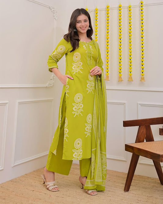 Pure Cotton discharge print kurti with pant and mulmul printed dupatta(SWSK53)