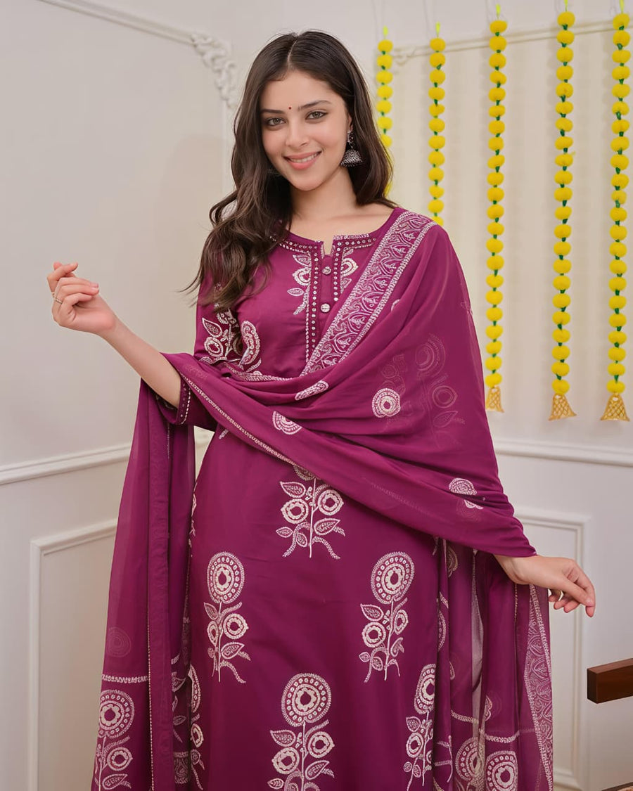 Pure Cotton discharge print kurti with pant and mulmul printed dupatta(SWSK53)