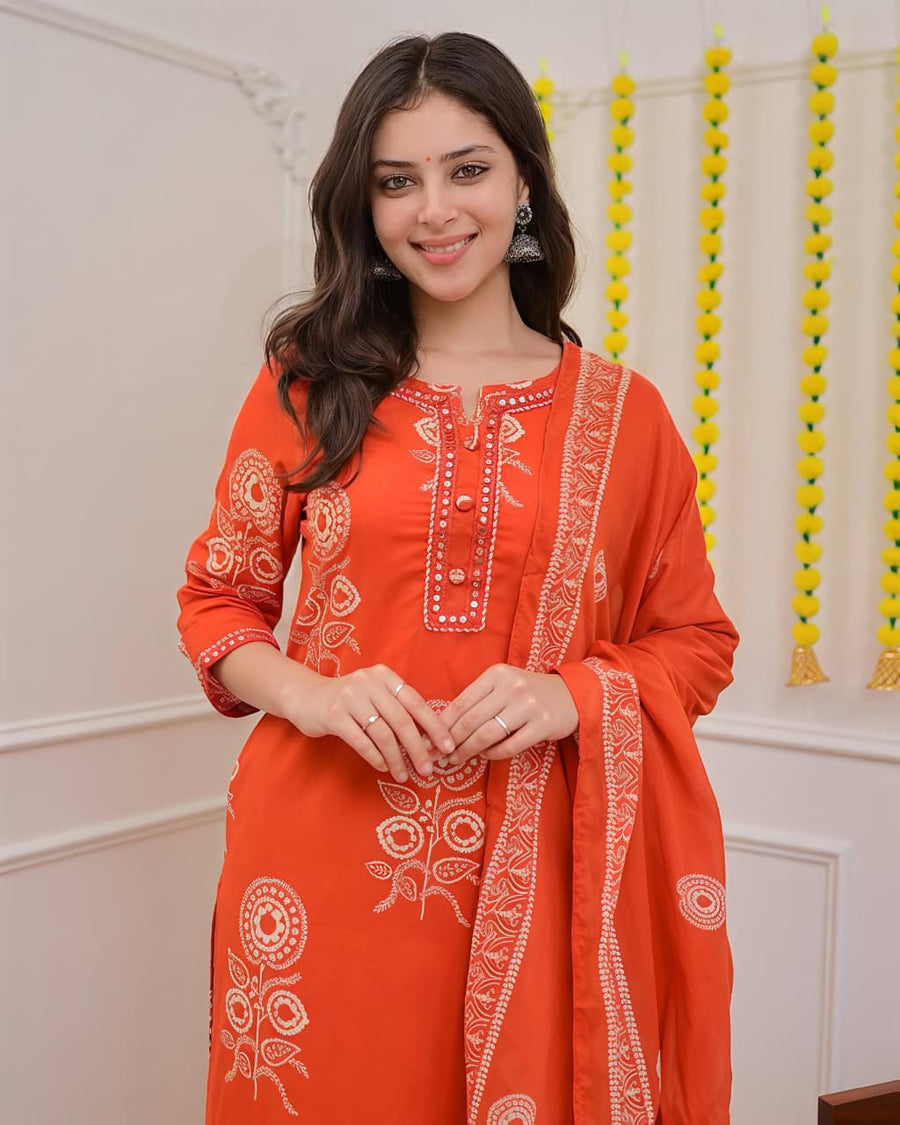 Pure Cotton discharge print kurti with pant and mulmul printed dupatta(SWSK53)