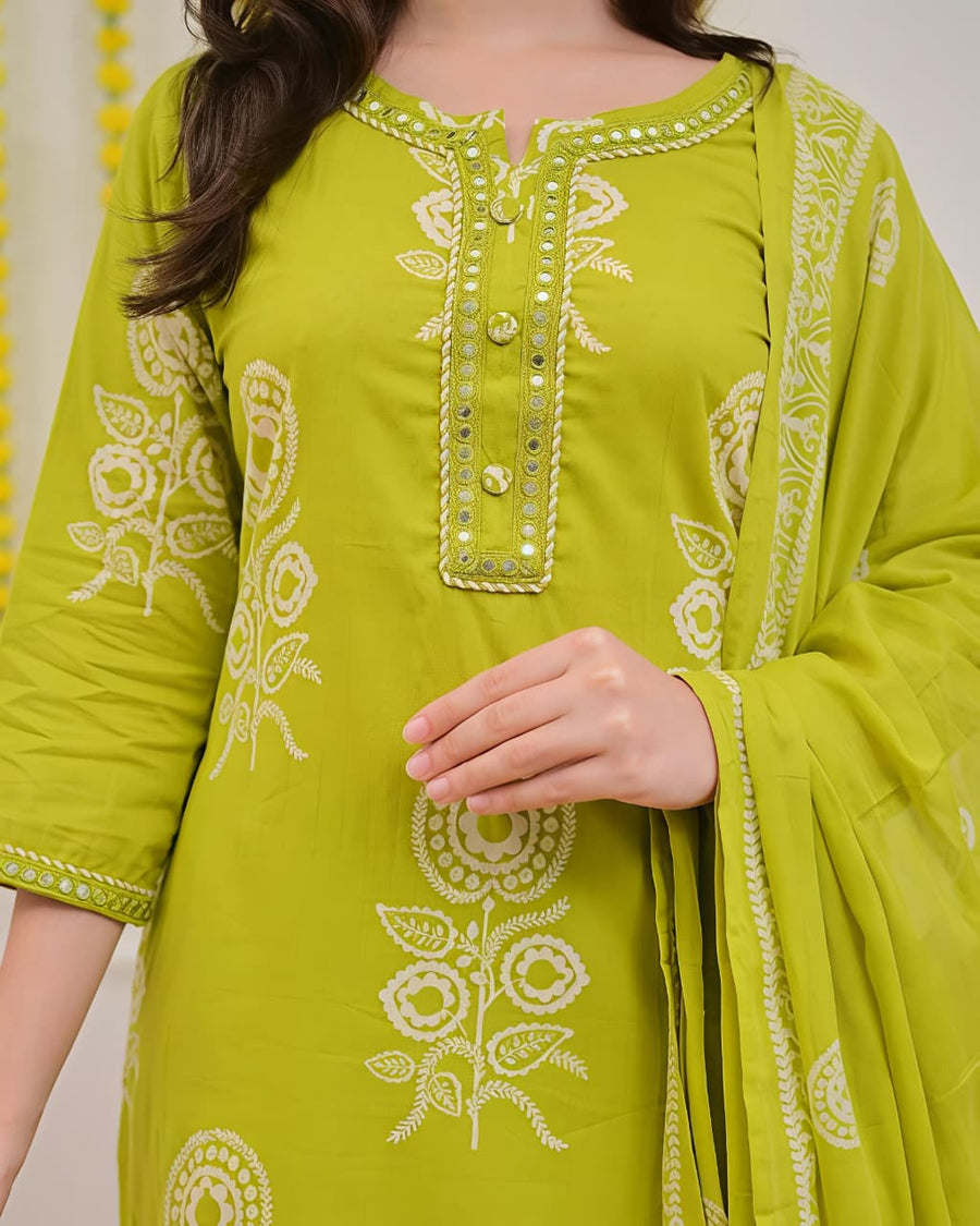 Pure Cotton discharge print kurti with pant and mulmul printed dupatta(SWSK53)