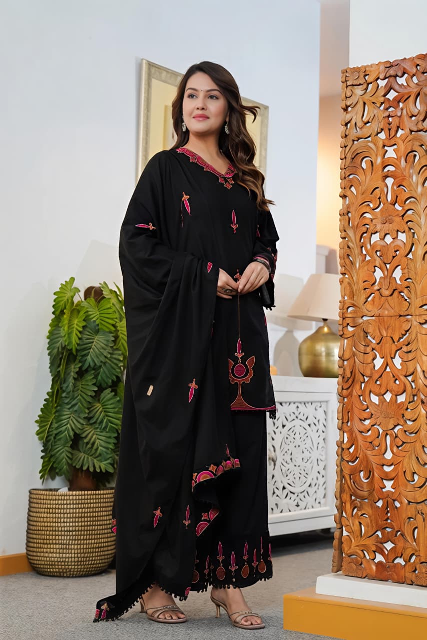 🌹🌹 fine Cotton fabric with beautiful embroidery on neck, sleeves, Kurti with embroidered plazo with both side pockets on pant (SWSK56)
