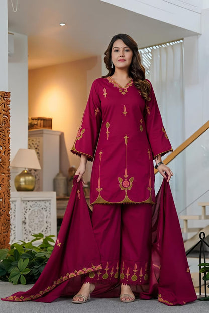 🌹🌹 fine Cotton fabric with beautiful embroidery on neck, sleeves, Kurti with embroidered plazo with both side pockets on pant (SWSK56)