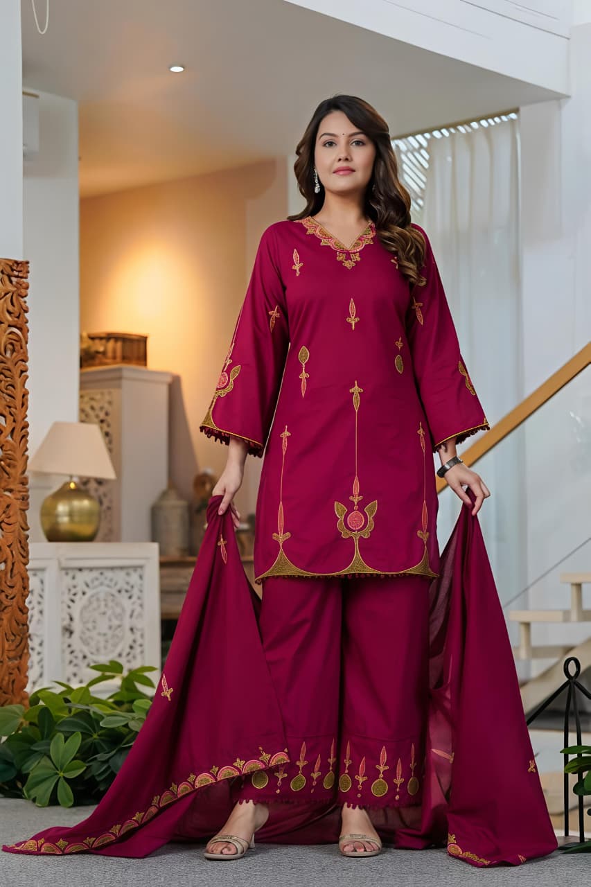🌹🌹 fine Cotton fabric with beautiful embroidery on neck, sleeves, Kurti with embroidered plazo with both side pockets on pant (SWSK56)