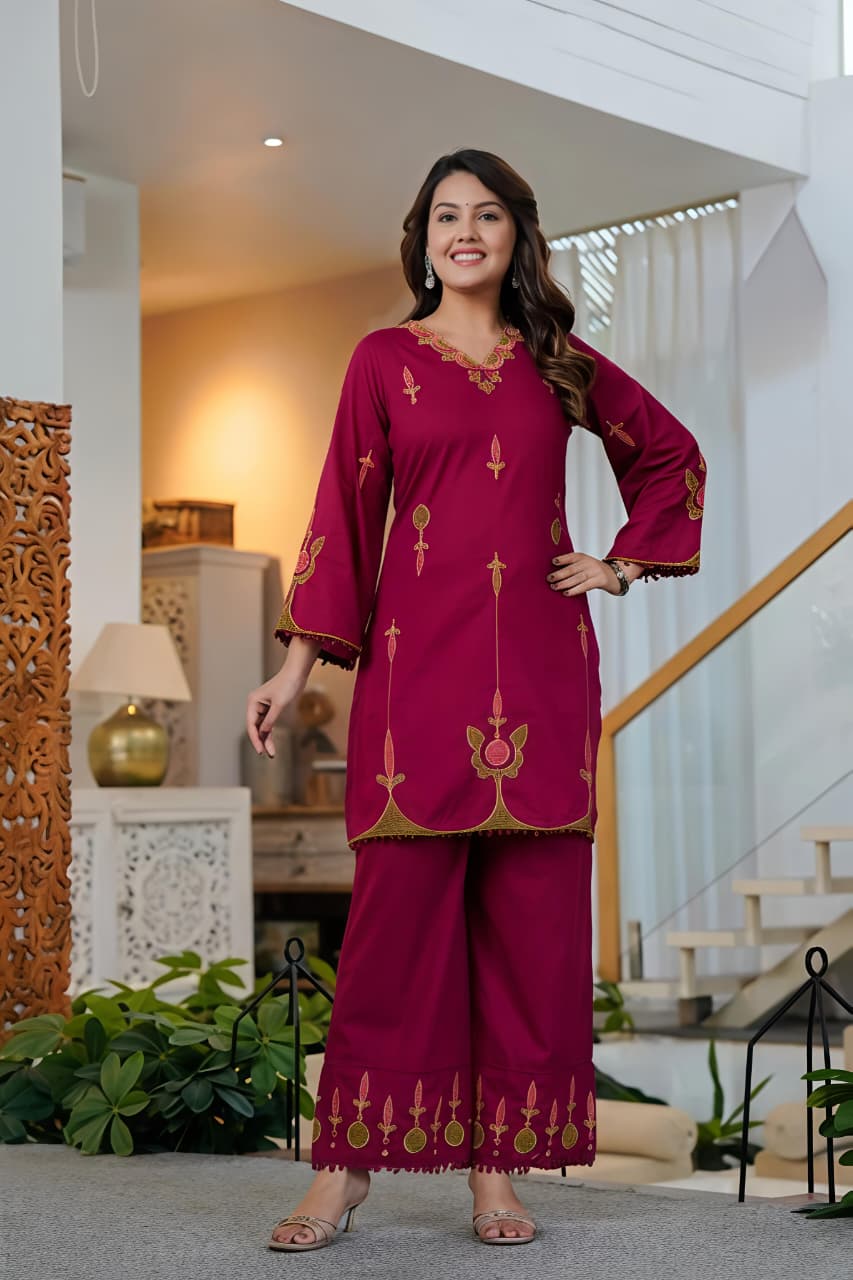 🌹🌹 fine Cotton fabric with beautiful embroidery on neck, sleeves, Kurti with embroidered plazo with both side pockets on pant (SWSK56)