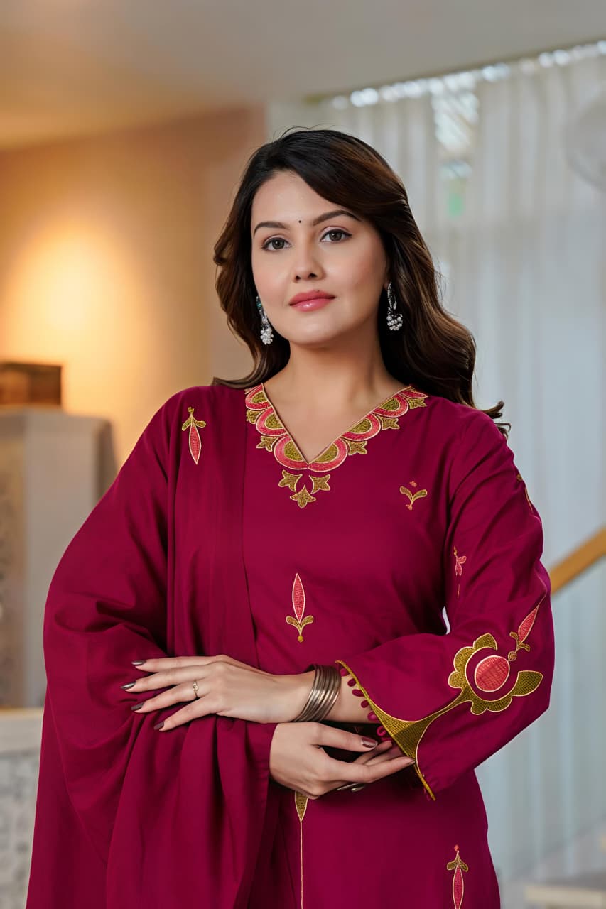 🌹🌹 fine Cotton fabric with beautiful embroidery on neck, sleeves, Kurti with embroidered plazo with both side pockets on pant (SWSK56)
