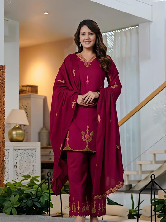 🌹🌹 fine Cotton fabric with beautiful embroidery on neck, sleeves, Kurti with embroidered plazo with both side pockets on pant (SWSK56)