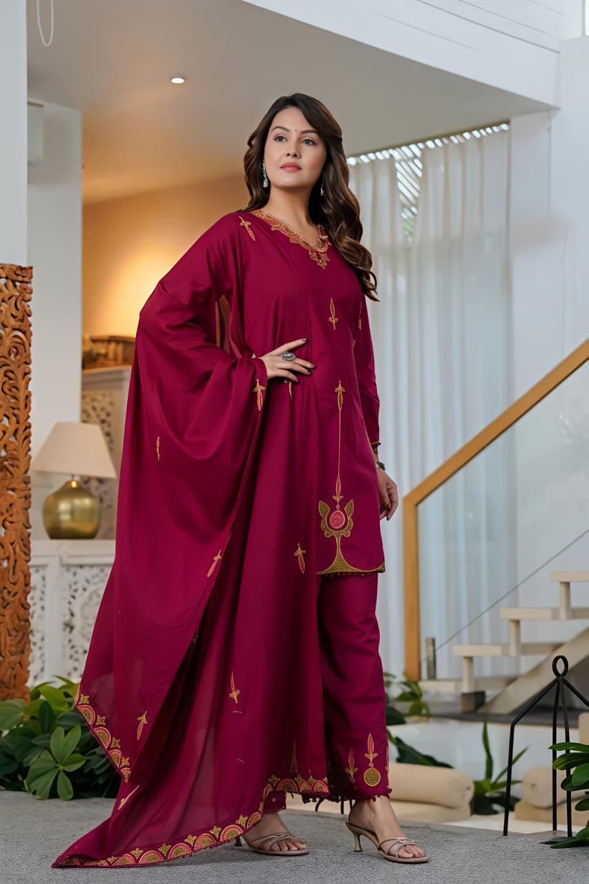 🌹🌹 fine Cotton fabric with beautiful embroidery on neck, sleeves, Kurti with embroidered plazo with both side pockets on pant (SWSK56)