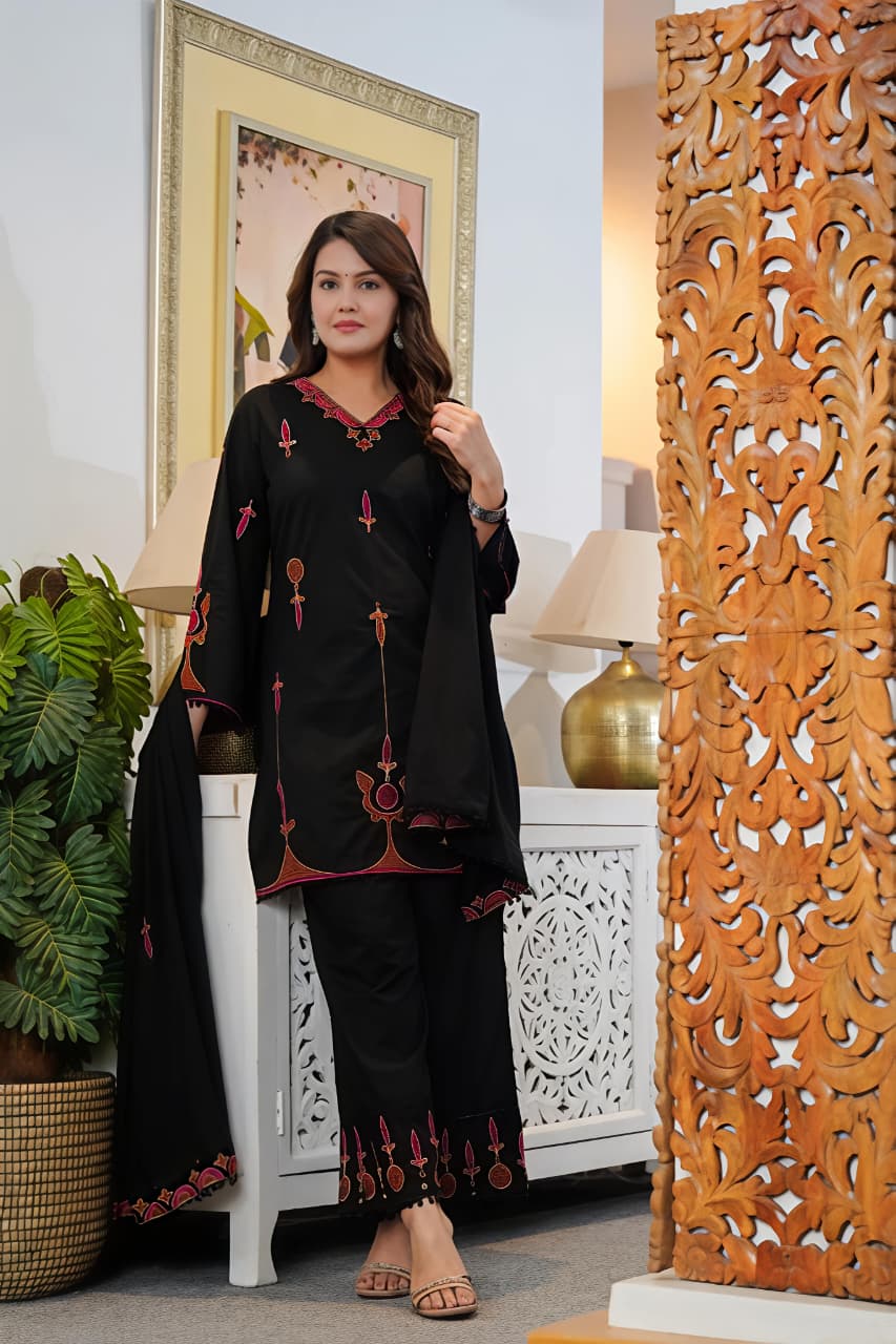 🌹🌹 fine Cotton fabric with beautiful embroidery on neck, sleeves, Kurti with embroidered plazo with both side pockets on pant (SWSK56)