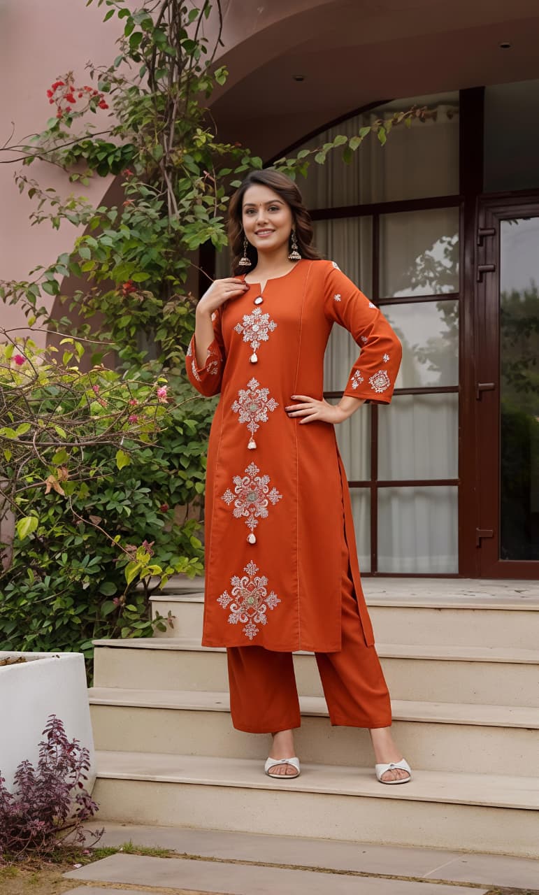 🌹🌹 fine Cotton fabric with beautiful embroidery on neck, sleeves, Kurti with plazo with one side pockets on pant🌹🌹 (SWSK57)