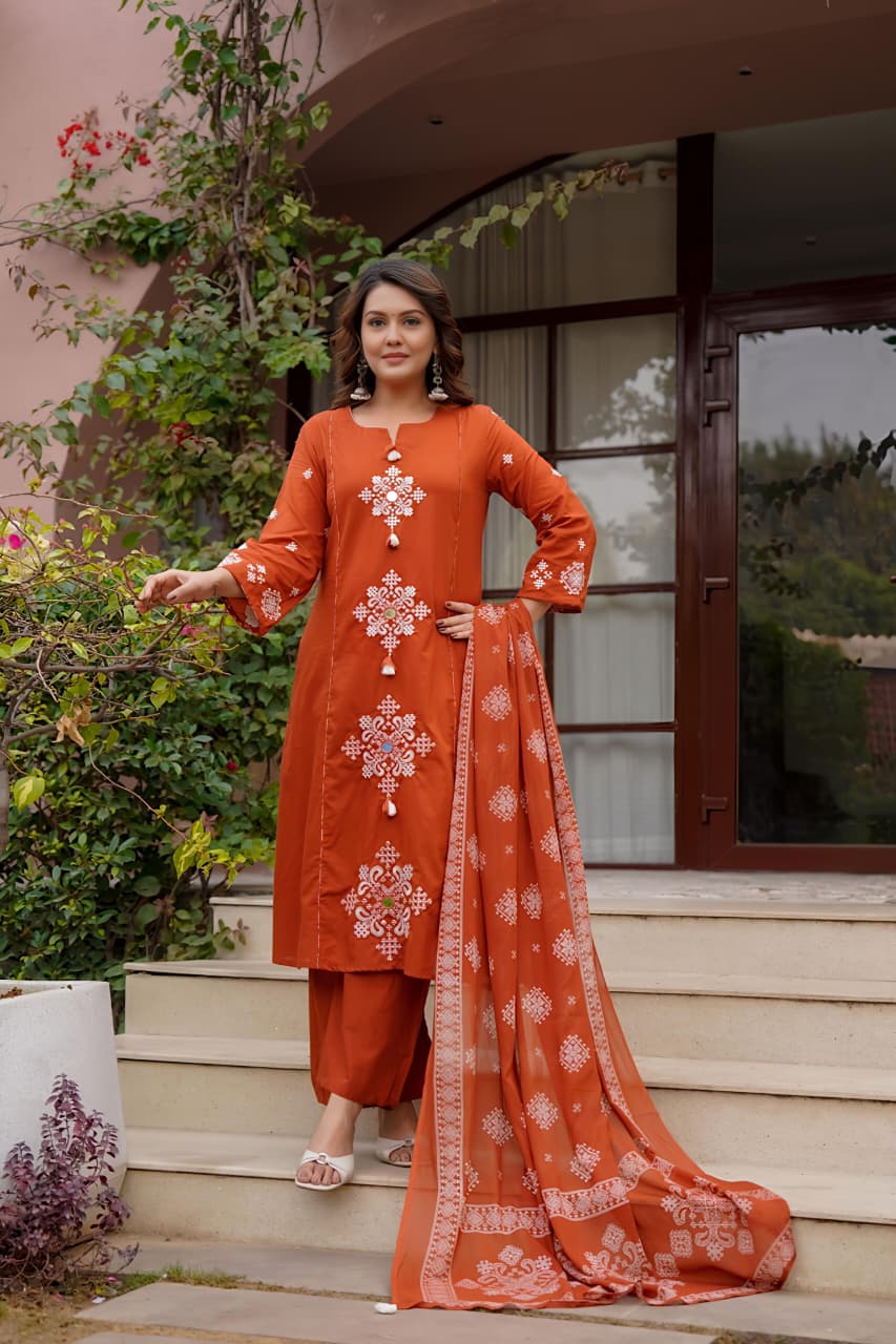 🌹🌹 fine Cotton fabric with beautiful embroidery on neck, sleeves, Kurti with plazo with one side pockets on pant🌹🌹 (SWSK57)