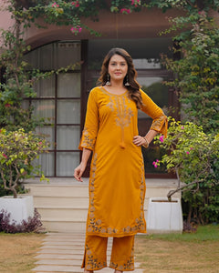 fine Cotton fabric with beautiful embroidery on neck, sleeves, Kurti with embroidered plazo with one side pockets on pant(SWSK58)