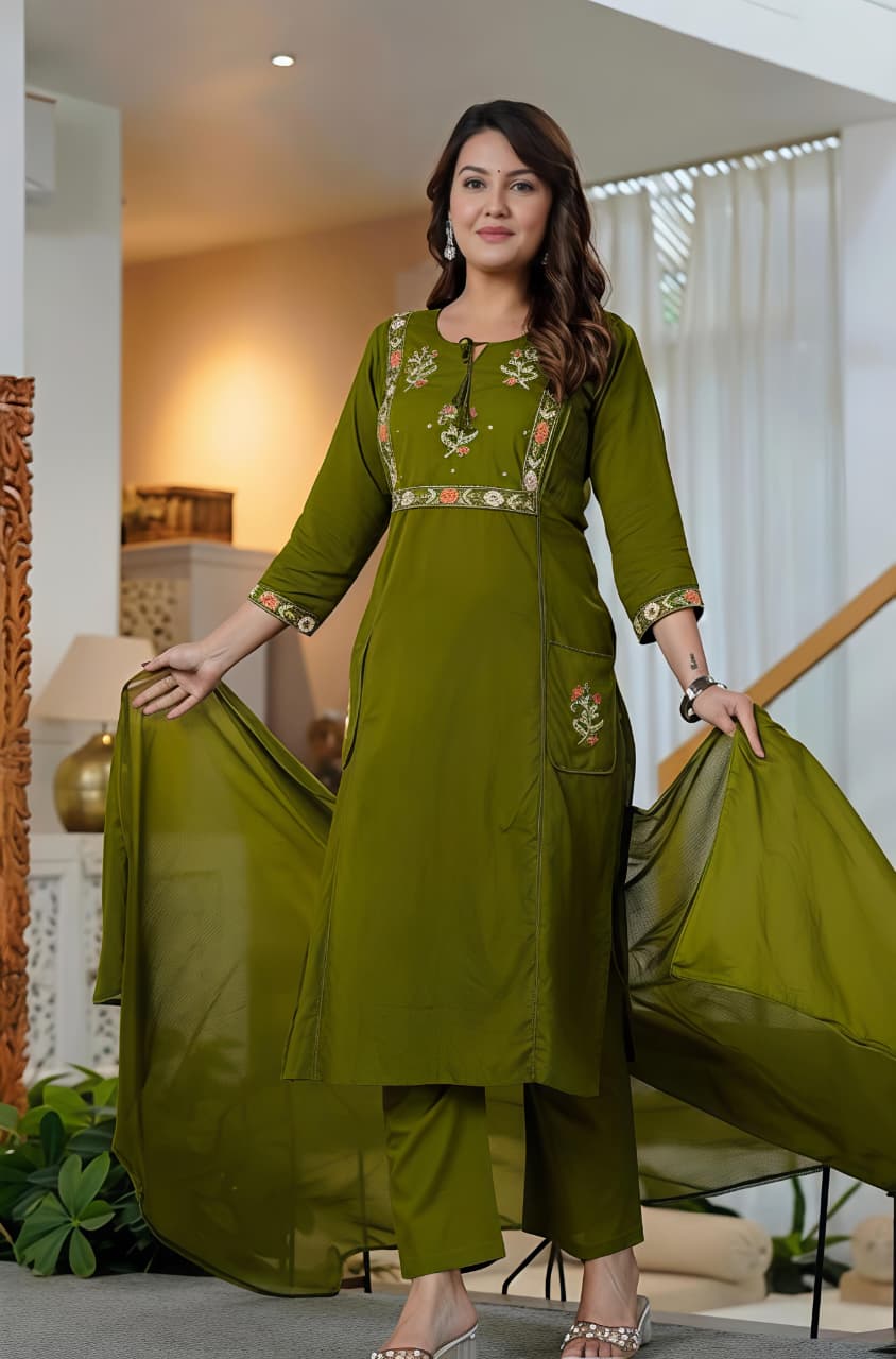 🌹🌹 fine Cotton fabric with beautiful embroidery on neck, sleeves, Kurti with plazo with one side pocket on pant(SWSK59)