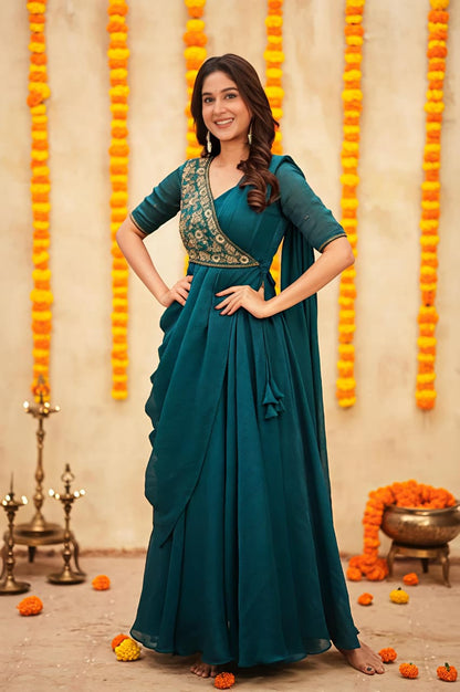 Look As Charming As  This Beautiful Unique Style Pre-Draped  Saree-anakarli With Beautiful Embroidery, Blouse Epitomizes Party-Ready Chic.(RRRD36)